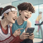 Two Korean friends in a gym laughing while looking at a smartphone displaying a music playlist, illu...