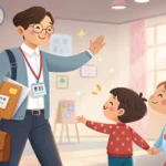 Illustration depicting a Korean teacher greeting a parent and child at the entrance of a cheerful ki...