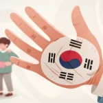 Illustration of a hand gesturing stop in front of a blurred Korean kitchen, symbolizing a parent tea...