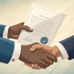 Hands exchanging a formal document, symbolizing the signing of a Korean labor contract in a professi...