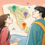 A Korean couple thoughtfully studies a map displaying two different scenic lake options, representin...