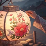Hands holding a traditional Korean paper lantern emitting a warm glow, suggesting a tourist examinin...
