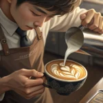 Close-up of a Korean barista's hands creating heart-shaped latte art in a coffee cup within a modern...