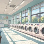 Interior of a modern Korean coin laundromat with washing machines and dryers, symbolizing practical...