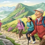 Illustration of cheerful Korean seniors hiking together on a beautiful mountain path in Korea, repre...