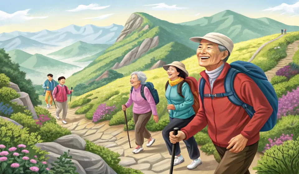 Illustration of cheerful Korean seniors hiking together on a beautiful mountain path in Korea, repre...