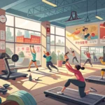 Illustration of diverse people doing circuit training exercises in a modern Korean gym setting, repr...