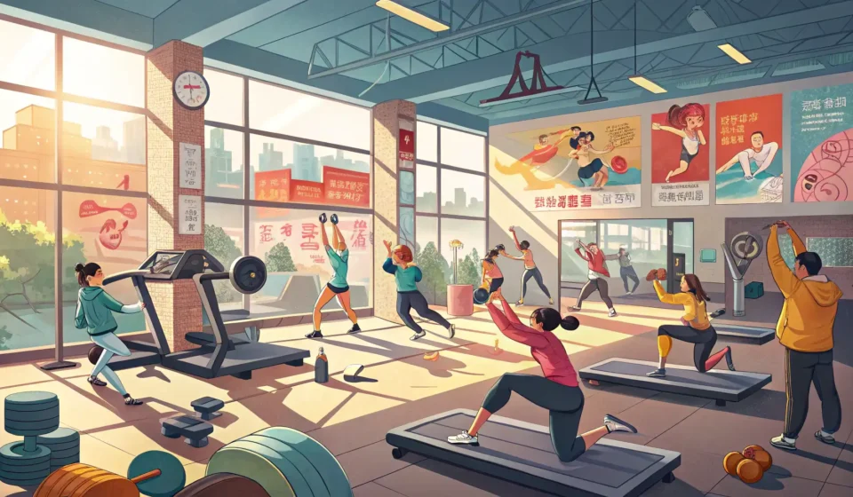 Illustration of diverse people doing circuit training exercises in a modern Korean gym setting, repr...