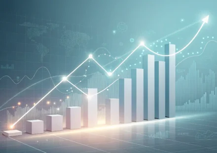 Abstract data visualization graphics (charts, graphs) glowing against a minimalist background with s...
