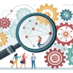 Conceptual image for learning Korean business terms: a magnifying glass analyzing abstract organizat...
