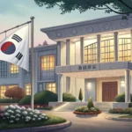 Stylized image of a modern Korean building representing a sports foundation, with abstract athletic...