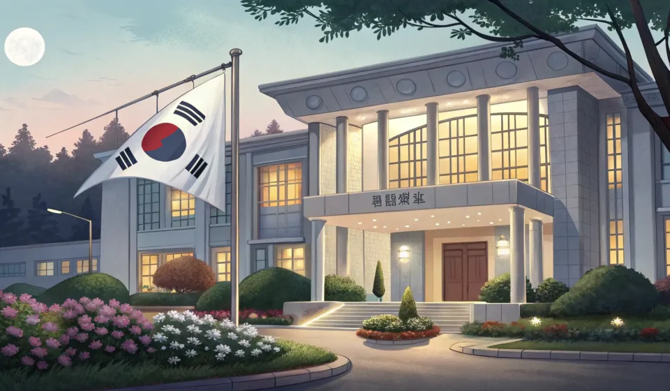 Stylized image of a modern Korean building representing a sports foundation, with abstract athletic...