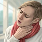 Illustration of a person experiencing throat pain, representing the Korean learning topic of how to...