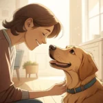 Illustration of a person petting a dog in a bright Korean animal shelter, symbolizing visiting and v...