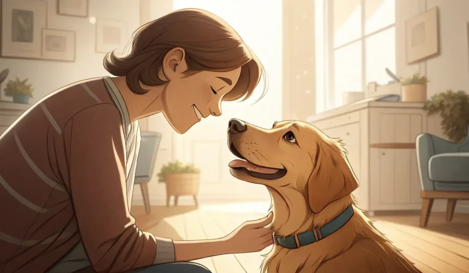 Illustration of a person petting a dog in a bright Korean animal shelter, symbolizing visiting and v...