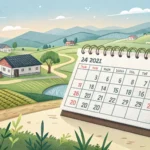 Desk calendar merging into a peaceful Korean beach scene, representing taking annual leave (yeon-cha...