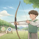 Illustration of one Korean friend inviting another to try archery at a range, representing learning...