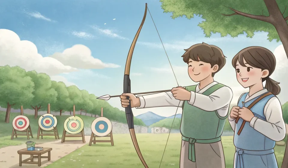 Illustration of one Korean friend inviting another to try archery at a range, representing learning...