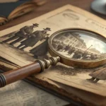 Magnifying glass examining an old sepia photograph of a historical Korean landmark, symbolizing sear...