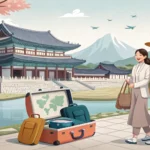 Illustration of a couple arguing beside luggage at a Korean landmark, symbolizing forgetting the cam...