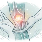 Minimalist illustration depicting supportive hands around a stylized knee joint, set against a subtl...