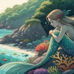 Stylized mermaid beside a glowing Korean tide pool, symbolizing artistic concepts in Korean language...