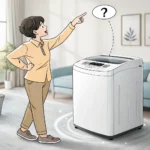 Illustration of a person pointing questioningly at a modern Korean washing machine, representing lea...
