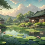 A tranquil Korean pond covered in lily pads, representing the goal of finding a hidden natural spot...