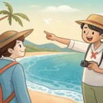 A tourist asking a local Korean for directions near the sea, with dolphins visible in the background...