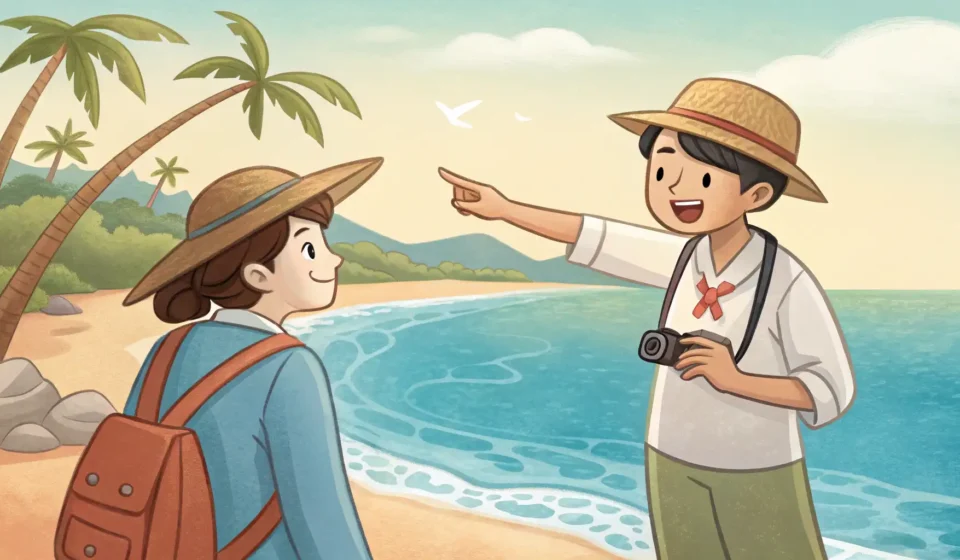 A tourist asking a local Korean for directions near the sea, with dolphins visible in the background...