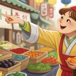 A smiling Korean market vendor showcasing traditional Korean drinks, representing a tourist learning...