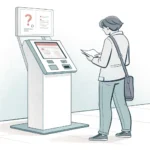 Minimalist illustration of a person looking at an information kiosk decorated with subtle traditiona...