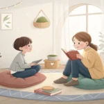 Two friends studying together in a cozy Korean-style room, symbolizing asking for help with studies...