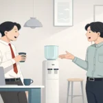 Illustration of two Korean colleagues in an office break room, one politely asking the other about s...
