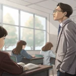 Student's hand holding a notebook outside a professor's office at a Korean university, symbolizing a...