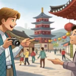 A tourist asking a local for directions to see a rare and beautiful sunset over a Korean landscape,...
