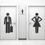 Stylized restroom icons and a question mark, symbolizing the Korean learning topic of asking where t...