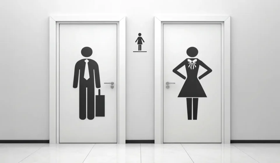 Stylized restroom icons and a question mark, symbolizing the Korean learning topic of asking where t...