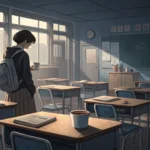 Illustration showing a student politely speaking to a teacher after class in a Korean classroom, rep...