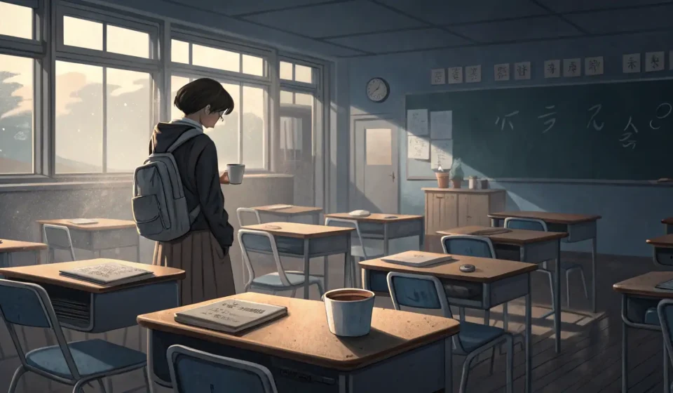 Illustration showing a student politely speaking to a teacher after class in a Korean classroom, rep...