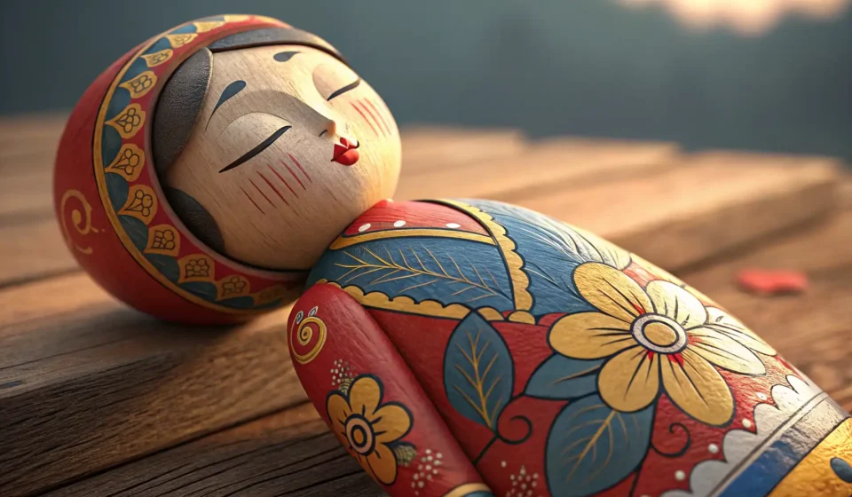 A close-up of a traditional Korean handmade toy displayed on a market stall, representing a tourist...