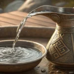A metal pitcher pours water into a metal cup on a table inside a Korean restaurant, symbolizing how...