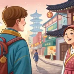 Illustration of a tourist asking a Korean guide about nearby ancient Korean castle ruins, representi...
