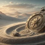 An antique Korean Yundo compass on desert sand, symbolizing finding direction and mapping, relevant...