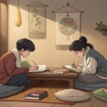 Two Korean students studying together at home, one looking stressed while asking a supportive friend...