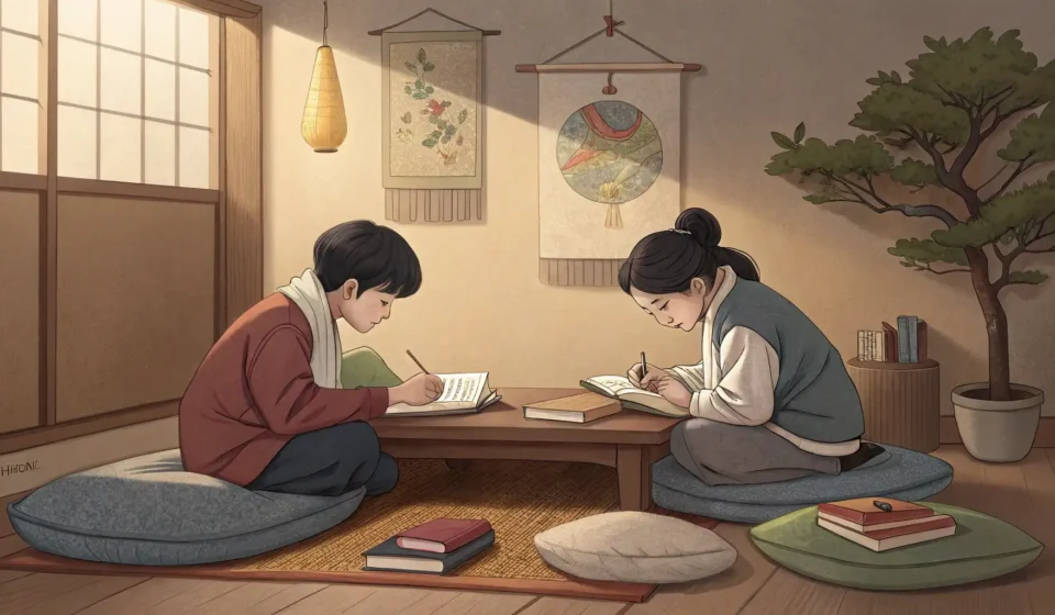 Two Korean students studying together at home, one looking stressed while asking a supportive friend...
