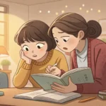 Two Korean friends studying at home, one looking puzzled over a history quiz while the other offers...