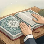 Two hands depicted over a book with abstract Korean patterns, symbolizing one student asking another...