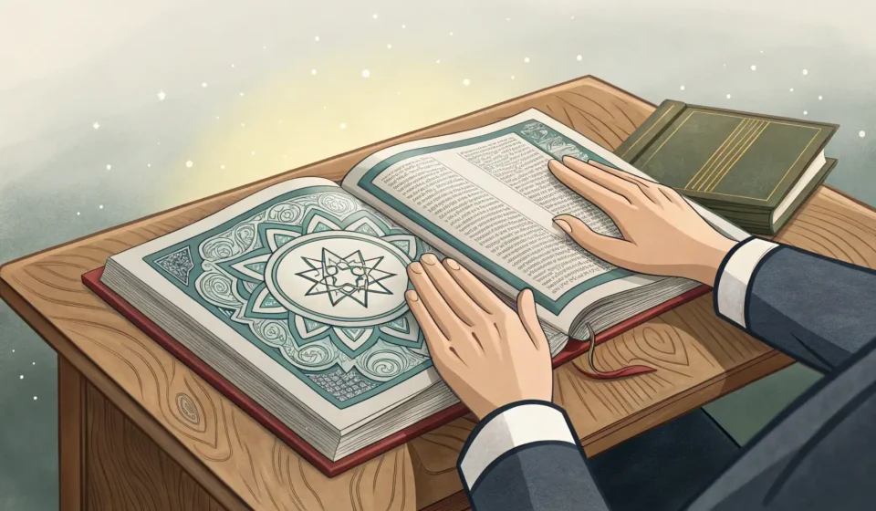 Two hands depicted over a book with abstract Korean patterns, symbolizing one student asking another...