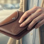 A close-up image showing hands examining a handmade leather wallet at a traditional Korean market st...